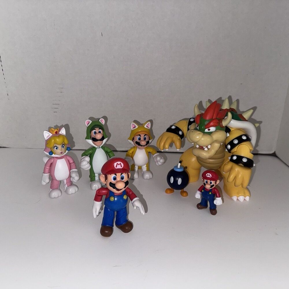 Super Mario Figure Lot 7 Bowser Cat Mario Luigi Peach Bob-omb Nintendo JAKKS